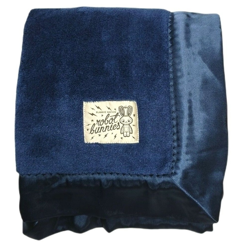 Robot Bunnies Baby Blanket Nation Navy Blue‎ Solid Chenille Satin Trim Lovey LN